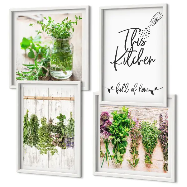 Multi-piece kitchen wall art set featuring drying herbs and plants