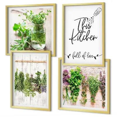 Multi-piece kitchen wall art set featuring drying herbs and plants