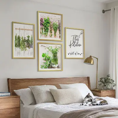 Multi-piece kitchen wall art set featuring drying herbs and plants