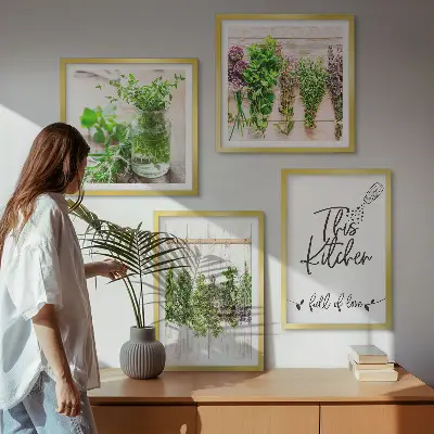 Multi-piece kitchen wall art set featuring drying herbs and plants