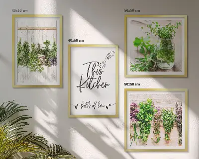Multi-piece kitchen wall art set featuring drying herbs and plants