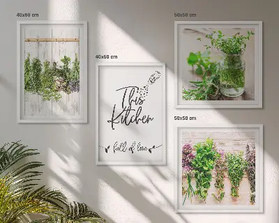 Multi-piece kitchen wall art set featuring drying herbs and plants