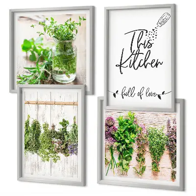 Multi-piece kitchen wall art set featuring drying herbs and plants