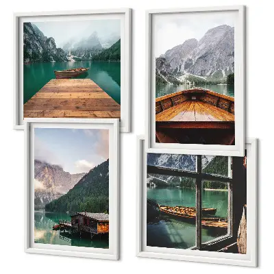Multi-piece wall decor set featuring mountain landscapes, cottages, and boats