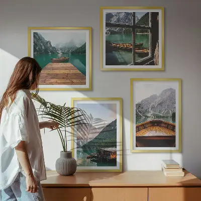 Multi-piece wall decor set featuring mountain landscapes, cottages, and boats