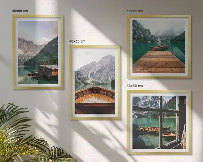 Multi-piece wall decor set featuring mountain landscapes, cottages, and boats