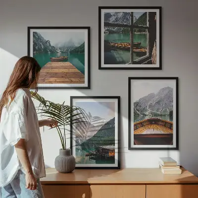 Multi-piece wall decor set featuring mountain landscapes, cottages, and boats