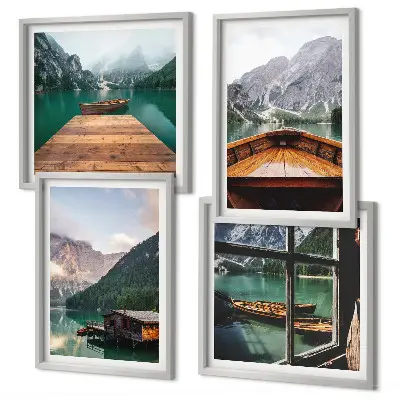 Multi-piece wall decor set featuring mountain landscapes, cottages, and boats