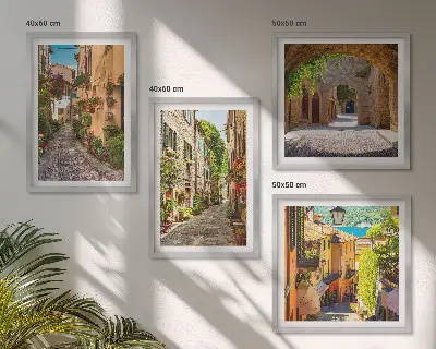 Wall art set featuring Italian streets with flowers and architecture