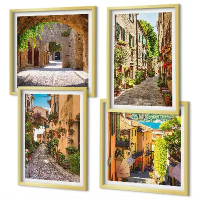 Wall art set featuring Italian streets with flowers and architecture