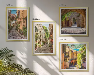Wall art set featuring Italian streets with flowers and architecture