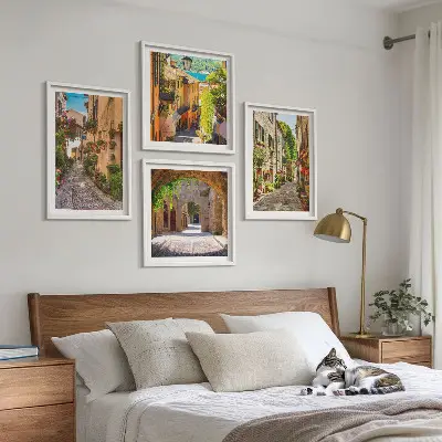 Wall art set featuring Italian streets with flowers and architecture