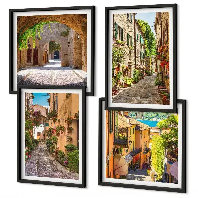Wall art set featuring Italian streets with flowers and architecture