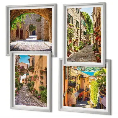 Wall art set featuring Italian streets with flowers and architecture