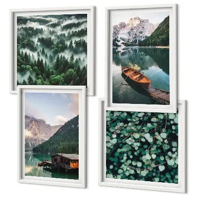 Multi-piece wall decor set featuring a mountain lake with a boat in the fog