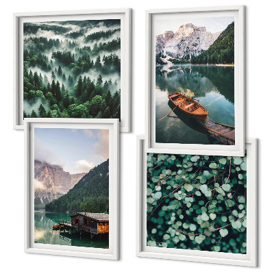 Multi-piece wall decor set Mountain lake boat fog