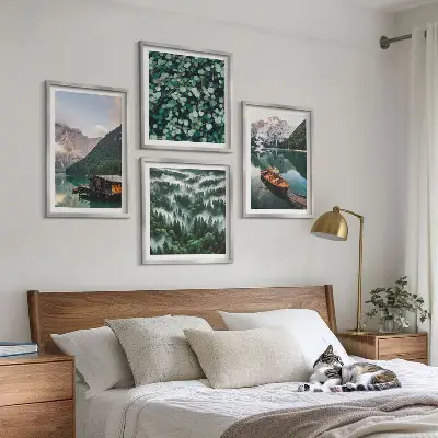 Multi-piece wall decor set featuring a mountain lake with a boat in the fog