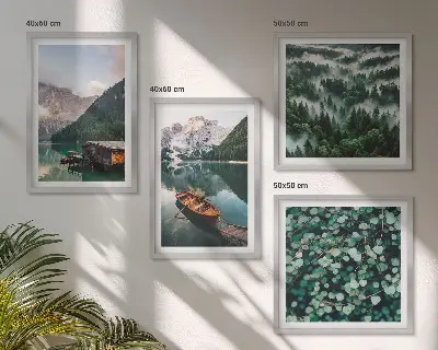 Multi-piece wall decor set featuring a mountain lake with a boat in the fog