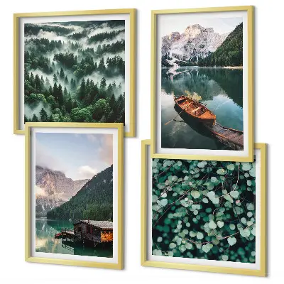 Multi-piece wall decor set featuring a mountain lake with a boat in the fog