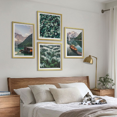 Multi-piece wall decor set Mountain lake boat fog