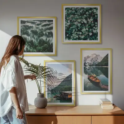 Multi-piece wall decor set featuring a mountain lake with a boat in the fog