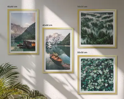 Multi-piece wall decor set featuring a mountain lake with a boat in the fog