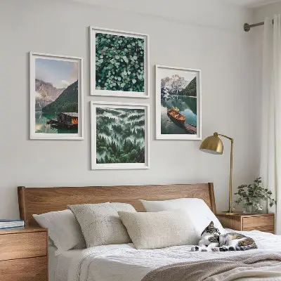 Multi-piece wall decor set featuring a mountain lake with a boat in the fog