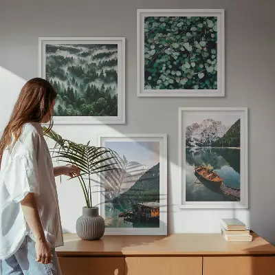 Multi-piece wall decor set featuring a mountain lake with a boat in the fog