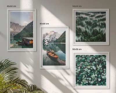Multi-piece wall decor set featuring a mountain lake with a boat in the fog