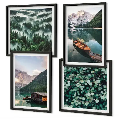 Multi-piece wall decor set featuring a mountain lake with a boat in the fog
