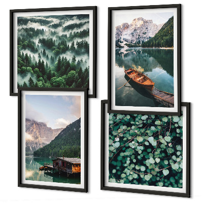 Multi-piece wall decor set Mountain lake boat fog