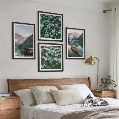 Multi-piece wall decor set featuring a mountain lake with a boat in the fog