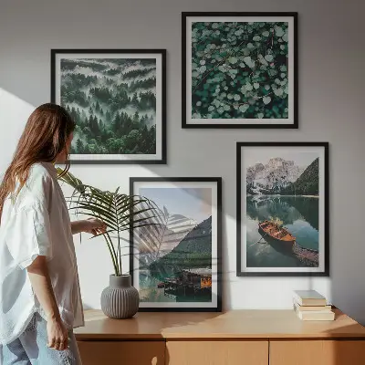 Multi-piece wall decor set featuring a mountain lake with a boat in the fog