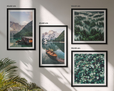 Multi-piece wall decor set Mountain lake boat fog