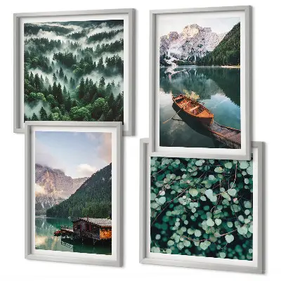 Multi-piece wall decor set featuring a mountain lake with a boat in the fog