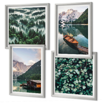 Multi-piece wall decor set Mountain lake boat fog