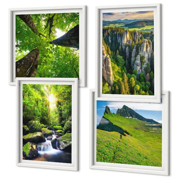 Set of 4 wall art pieces featuring a green mountain waterfall and forest scene