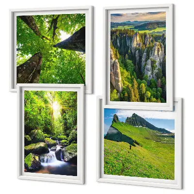 Set of 4 wall art pieces featuring a green mountain waterfall and forest scene