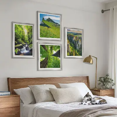 Set of 4 wall art pieces featuring a green mountain waterfall and forest scene