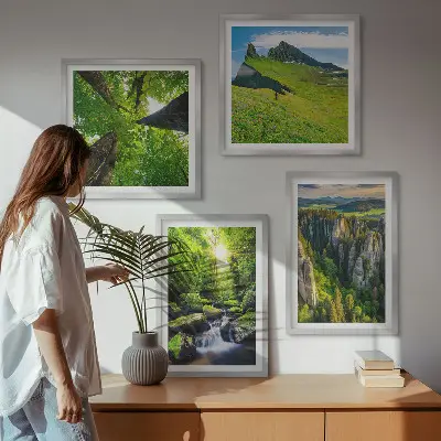 Set of 4 wall art pieces featuring a green mountain waterfall and forest scene
