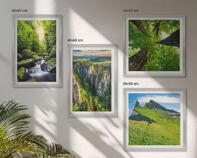 Set of 4 wall art pieces featuring a green mountain waterfall and forest scene