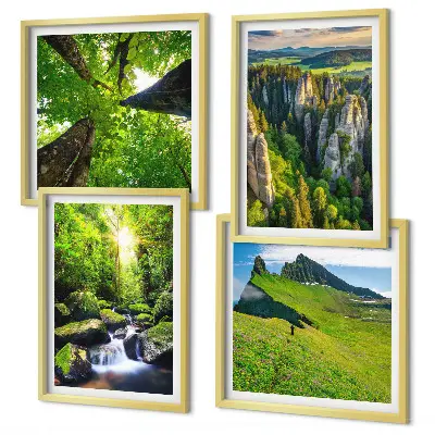 Set of 4 wall art pieces featuring a green mountain waterfall and forest scene