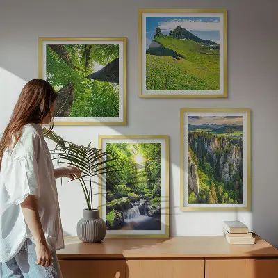 Set of 4 wall art pieces featuring a green mountain waterfall and forest scene