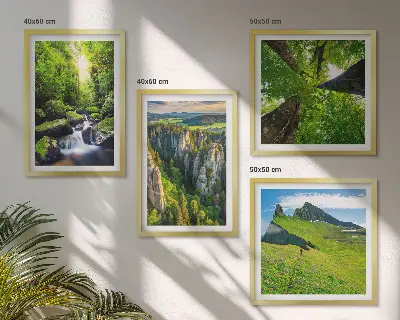 Set of 4 wall art pieces featuring a green mountain waterfall and forest scene