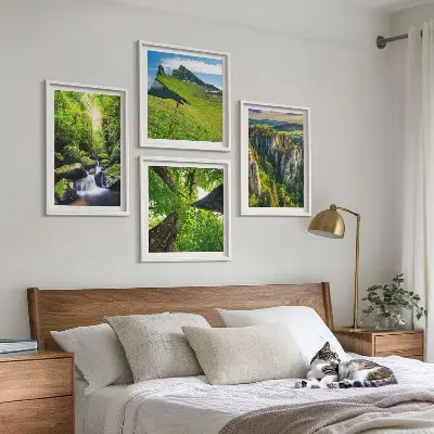 Set of 4 wall art pieces featuring a green mountain waterfall and forest scene