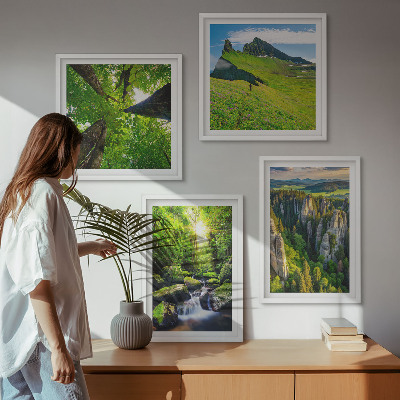 Set of 4 wall art pieces Green mountains waterfall forest
