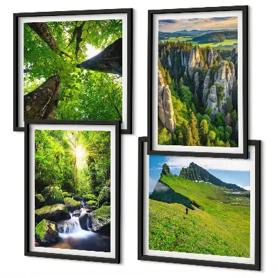 Set of 4 wall art pieces featuring a green mountain waterfall and forest scene