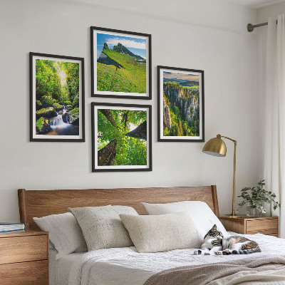Set of 4 wall art pieces Green mountains waterfall forest