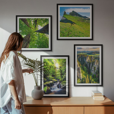 Set of 4 wall art pieces Green mountains waterfall forest