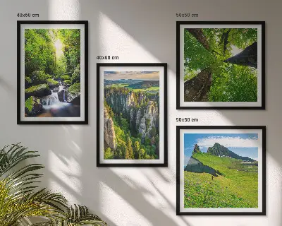 Set of 4 wall art pieces featuring a green mountain waterfall and forest scene